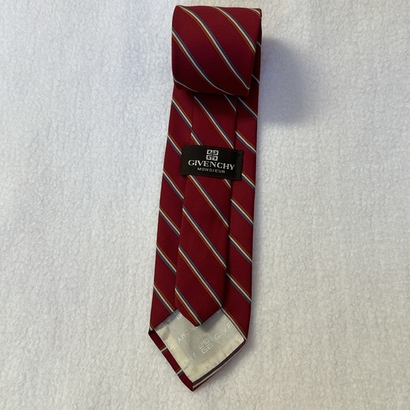 GIVENCHEY Monsieur Necktie Diagonal Stripe Burgundy Blue Cream Brown 56”L x 3”W - Picture 7 of 10